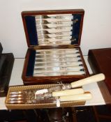 Quantity of silver plate to include, bone handled fish servers, mother of pearl handled flatware