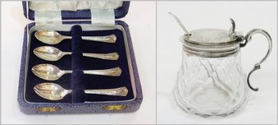 1960's set of four teaspoons, diamond-shaped handles and line border, in fitted case and a Victorian