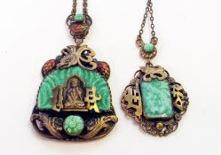 Chinese yellow metal, jade and enamel pendant, decorated with a seated Buddha and another, similar