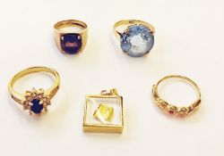 9ct gold dress ring, set with large blue circular cut stone, another 9ct gold ring, set with brown