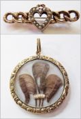 9ct link heart and seed pearl brooch and a Victorian yellow metal and glass locket, with hair and