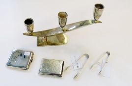 Two silver cigarette cases, two pairs silver sugar nips and Mexican sterling modern three light