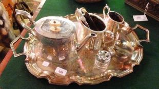 EPNS matched tea service of three pieces, all oval and fern decorated, two-handled tray, two mustard