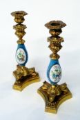 Pair Sevres-style porcelain and ormolu candlesticks, the porcelain decorated with overglaze