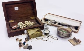 Assorted costume jewellery, coins, cufflinks, a watch, "Roamer" on expanding steel bracelet, some