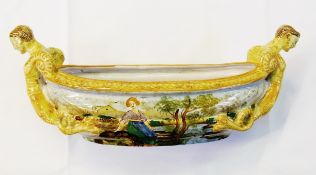 Majolica Italian oval flower bowl, boat shaped with mermen to each end and with painted landscape (