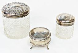 Victorian silver small jewel box, circular with hinged lid having reed and ribband border, raised on