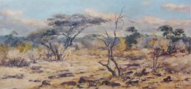 Oil on board 
Otto Klar (1908-1994) 
African bush scene with Kudu (?), signed, 29 x 59cm