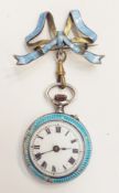 Ladies blue enamel and white metal fob watch with silver and gilt foliate and scroll decoration, 935
