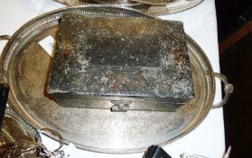 Large silver plate tray, with fretwork gallery and carrying handles, and a metal cash box (2)
