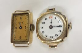Two gold-coloured metal lady's wristwatches, one with circular dial and the other with a rectangular