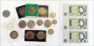 Twentieth century commemorative crowns and other coins and three one pound notes