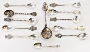 Quantity foreign silver coloured metal souvenir spoons