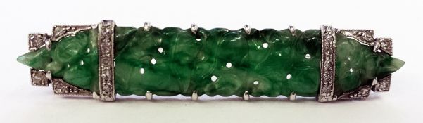 14ct gold, jade and diamond brooch, rectangular, with pointed ends, the jade pierced and foliate