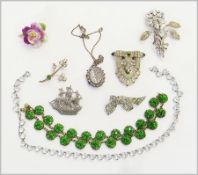 Silver locket with foliate engraving, pair simulated seedpearl pendant drop earrings, diamante and