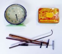 A Smith alarm clock, various clock and watchmakers tools, watch punches, winding stems and other