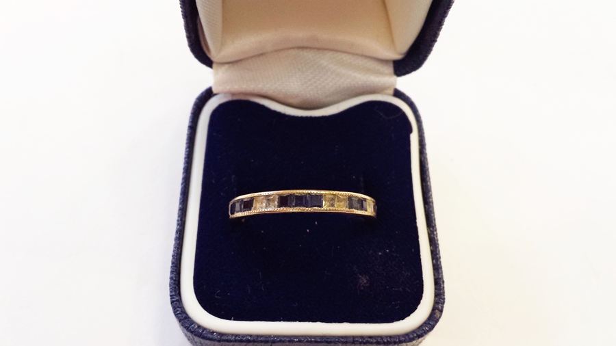9ct gold, sapphire and diamond full eternity ring, set square cut stones