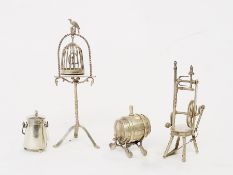 Dutch silver-coloured miniature model of a birdcage on tripod stand, 13cm high, Dutch silver-