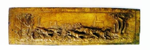 Hunting scene depicted in low and high relief on a metal surface, 21cm long