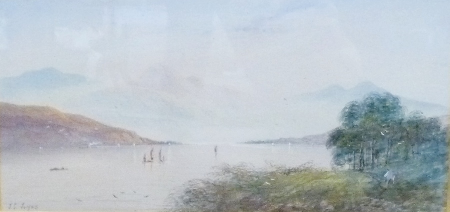 Watercolour
J.C. Jonas
Landscape scene with lake and distant mountains, signed, 17 x 35cm