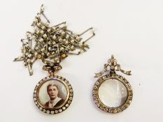 19th century paste set double sided glass locket on simulated pearl and white metal long chain and
