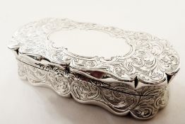 Victorian silver oval-shaped trinket box, with scroll engraved hinged lid, Birmingham 1857,