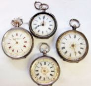 Four open-faced lady's fob watches, probably early 20th century, three key winding and one button