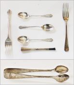 Set of three 1940s teaspoons, Birmingham 1946, a silver fork, pair sugar nips and other items 3oz