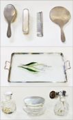 1960's silver dressing table set comprising eight pieces to include: silver-handled tray with