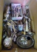 Assorted silver plated flatware, with bone-handled knives, cruet set, candlestick, teaspoons,