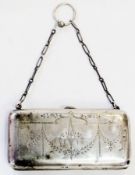 Early 20th century double purse with chain, foliate engraved with swags, with push-button release