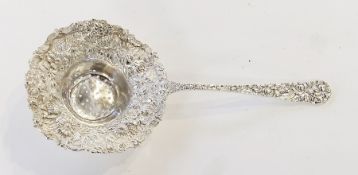 Stiefe sterling straining spoon with wide everted rim to the bowl, all floral chased