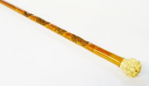 Bamboo walking stick, with carved ivory handle, the bamboo decorated with monkey carvings, and the