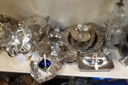 Various silver plated items, including matching cream jug and sugar bowl, lidded two-handled dish,