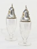 Pair sterling mounted etched glass pepperetts, floral decorated