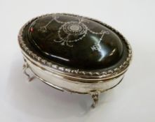 George V silver pique tortoiseshell and silver-mounted jewellery box, oval, the hinged lid with