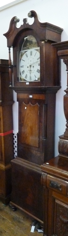 Nineteenth century mahogany long case clock, with broken swan neck pediment, painted broken arch