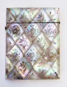 Mother-of-pearl card case, lozenge patterns, with mock stitches around borders, engraved with