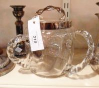 Glass biscuit barrel, double-handles, with silver plate lid