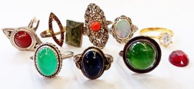 Silver and marcasite ring, set with opal doublet, marcasite and coral ring and other silver-coloured