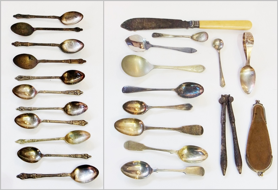 Silver jam/medicine spoon, other assorted flatware, EPNS apostle spoons, nutcracker, sugar nips