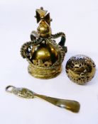 Victorian brass inkstand in the form of a crown, with a brass orb, with pierced floral decoration,