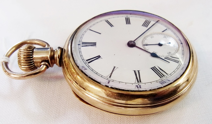 Gold plated pocket watch, button winding with subsidiary seconds dial