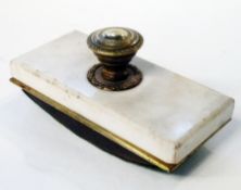 Rectangular ink blotter, with brass handle, mounted on rectangular marble base, 14cm long
