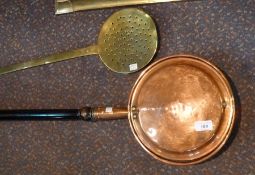 Copper warming pan, 103cm long, and a smaller brass warming tray