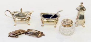 Silver three-piece condiment set with everted gadrooned borders, viz:- lidded mustard pot and salt