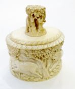 Eastern carved ivory box, oval with elephant and tree handle, carved scene to box with elephant,