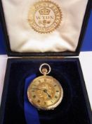 A lady's 9ct gold fob watch, Roman numerals, button winding, cased