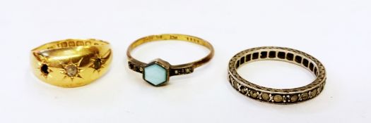 18ct gold and diamond ring, gypsy set, (one stone missing), marcasite set ring and another 9ct and