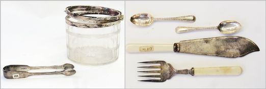 Various items to include: a silver hinged circular glass jar (af), pair sugar nips, fish servers and